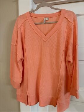 Live Well Relaxed V-Neck Waffle Tunic in Coral 3/4 Sleeves Sz XL